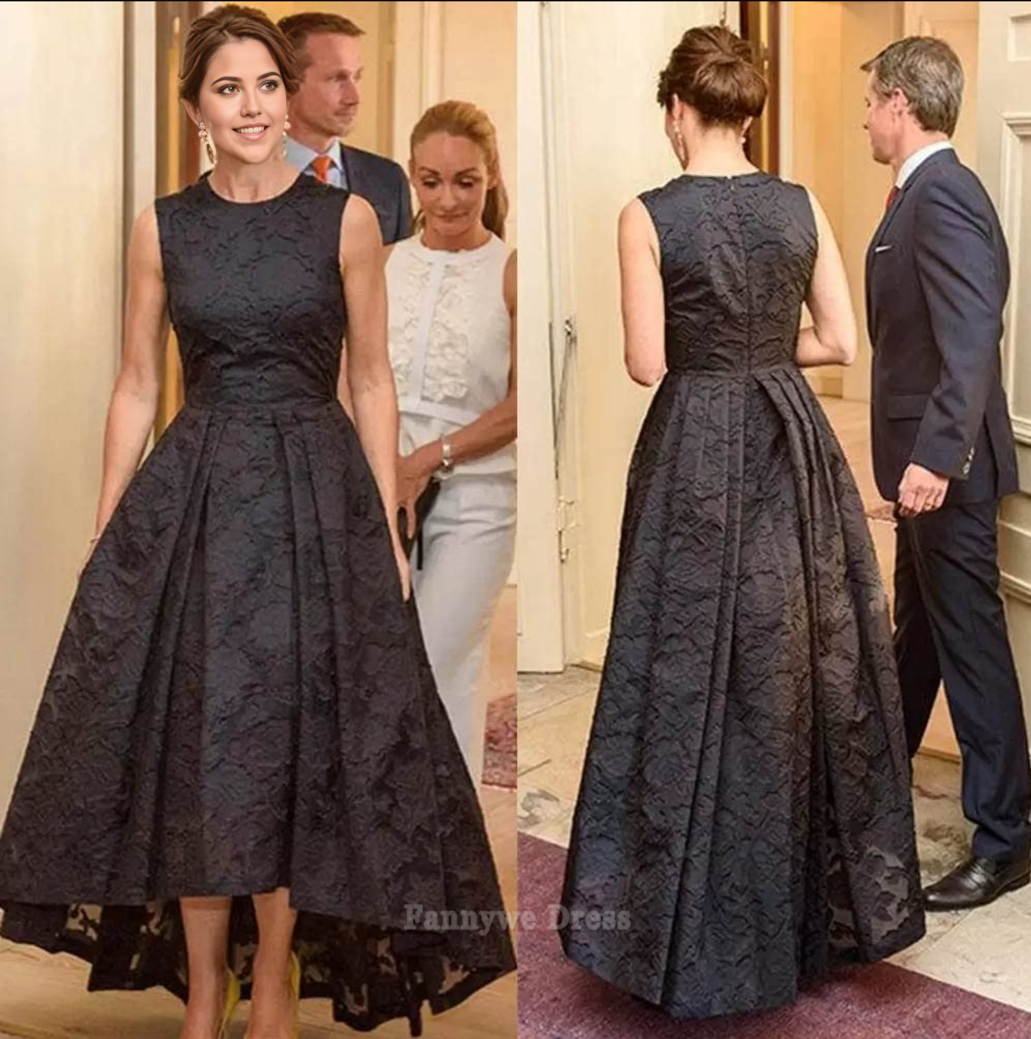 Vestido de noche elegante de corte A con escote joya, sin mangas, de encaje, estilo alto bajo, vestido de fiesta, vestido para madre de la novia